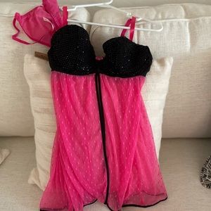 Solid pinkie nighty, sheer pink nighty with black beaded brasier both w panties